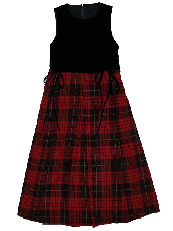 Christmas Plaid Velvet Vintage Vest Dress V-neck Long-Sleeve