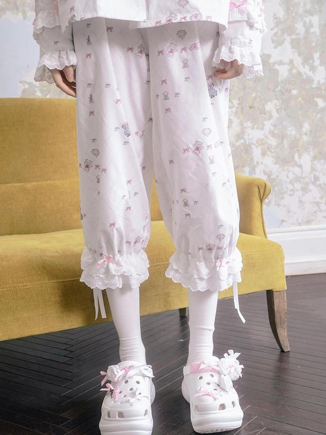 Cotton Bow Print Mid Length Sleep Pants