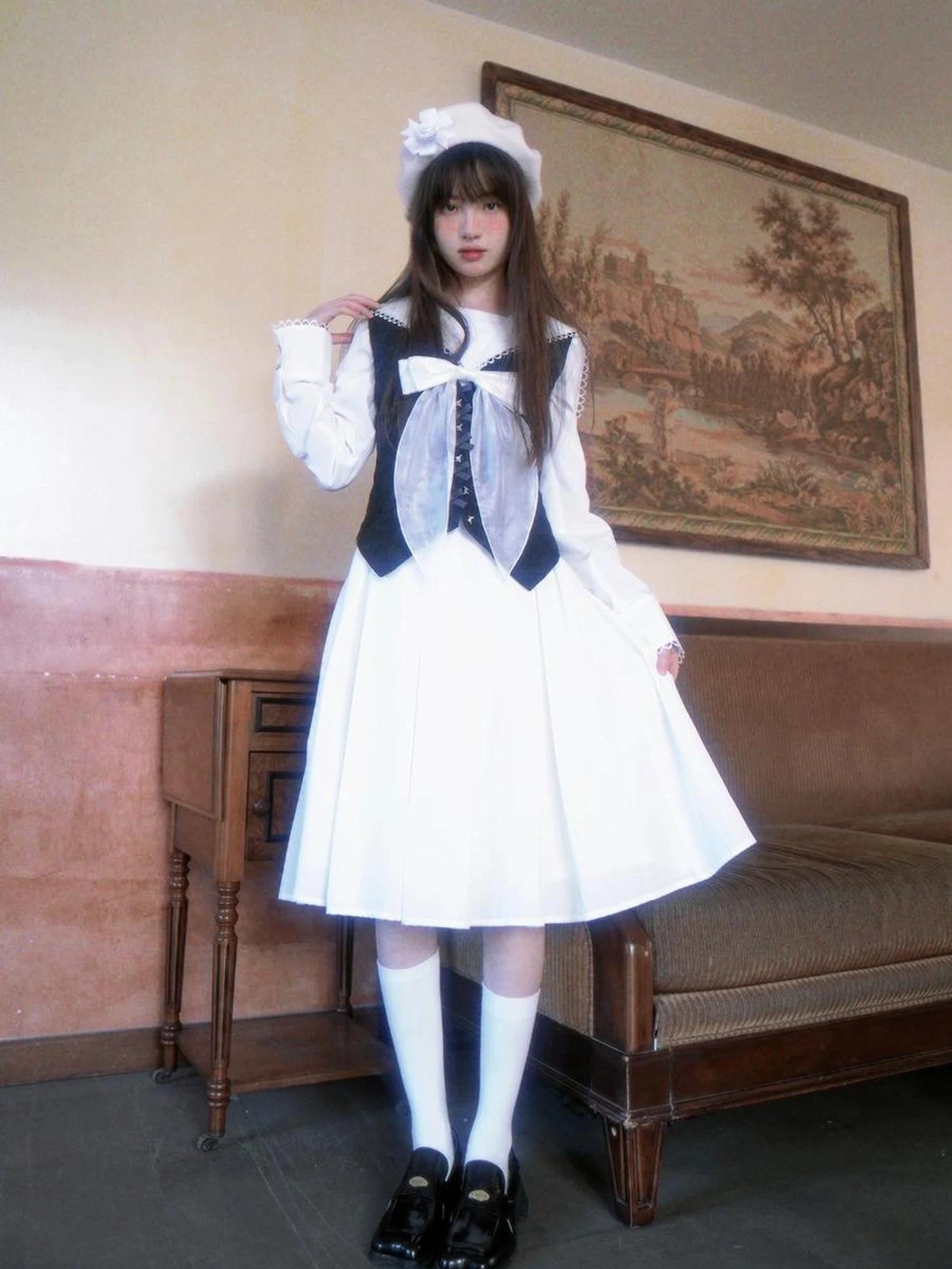 Cotton Sailor Bow Ruffle Hem Long Sleeve Dress