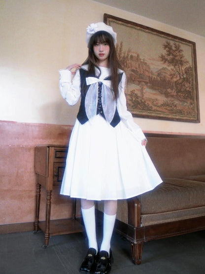 Cotton Sailor Bow Ruffle Hem Long Sleeve Dress