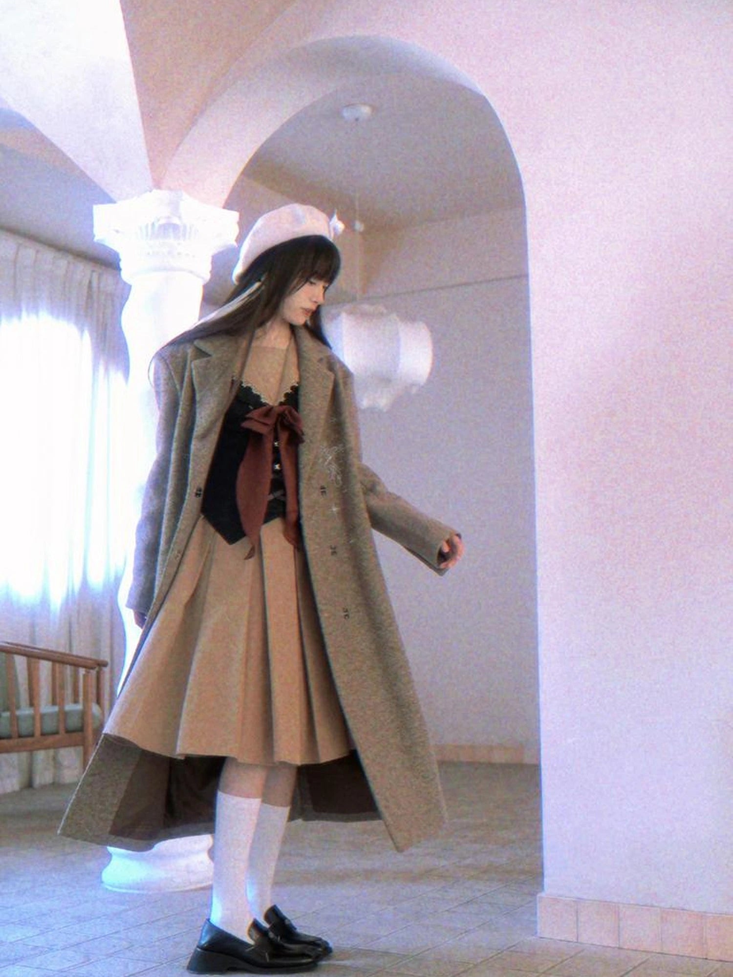 Cotton Sailor Bow Ruffle Hem Long Sleeve Dress