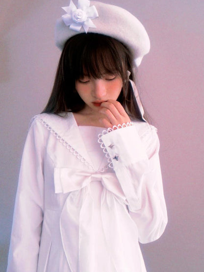 Cotton Sailor Bow Ruffle Hem Long Sleeve Dress