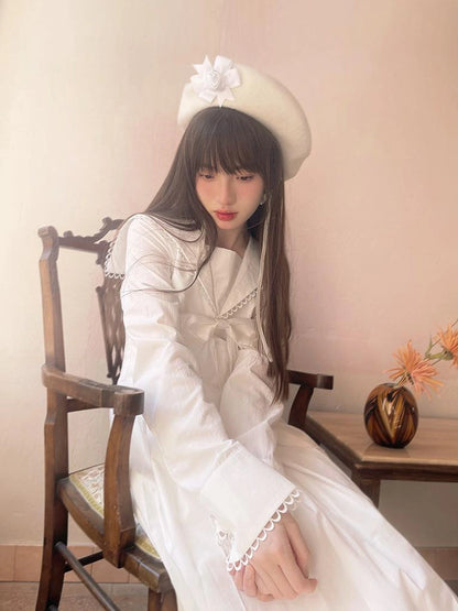 Cotton Sailor Bow Ruffle Hem Long Sleeve Dress