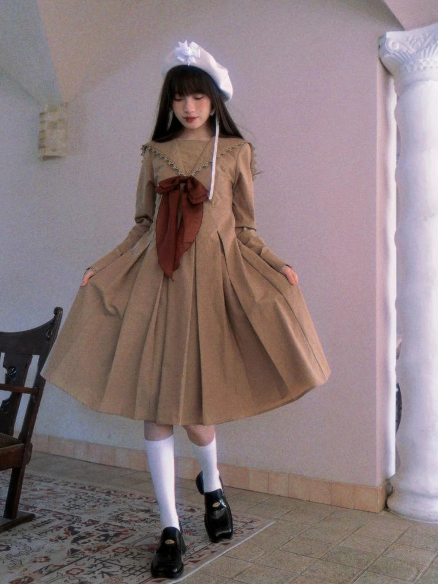 Cotton Sailor Bow Ruffle Hem Long Sleeve Dress