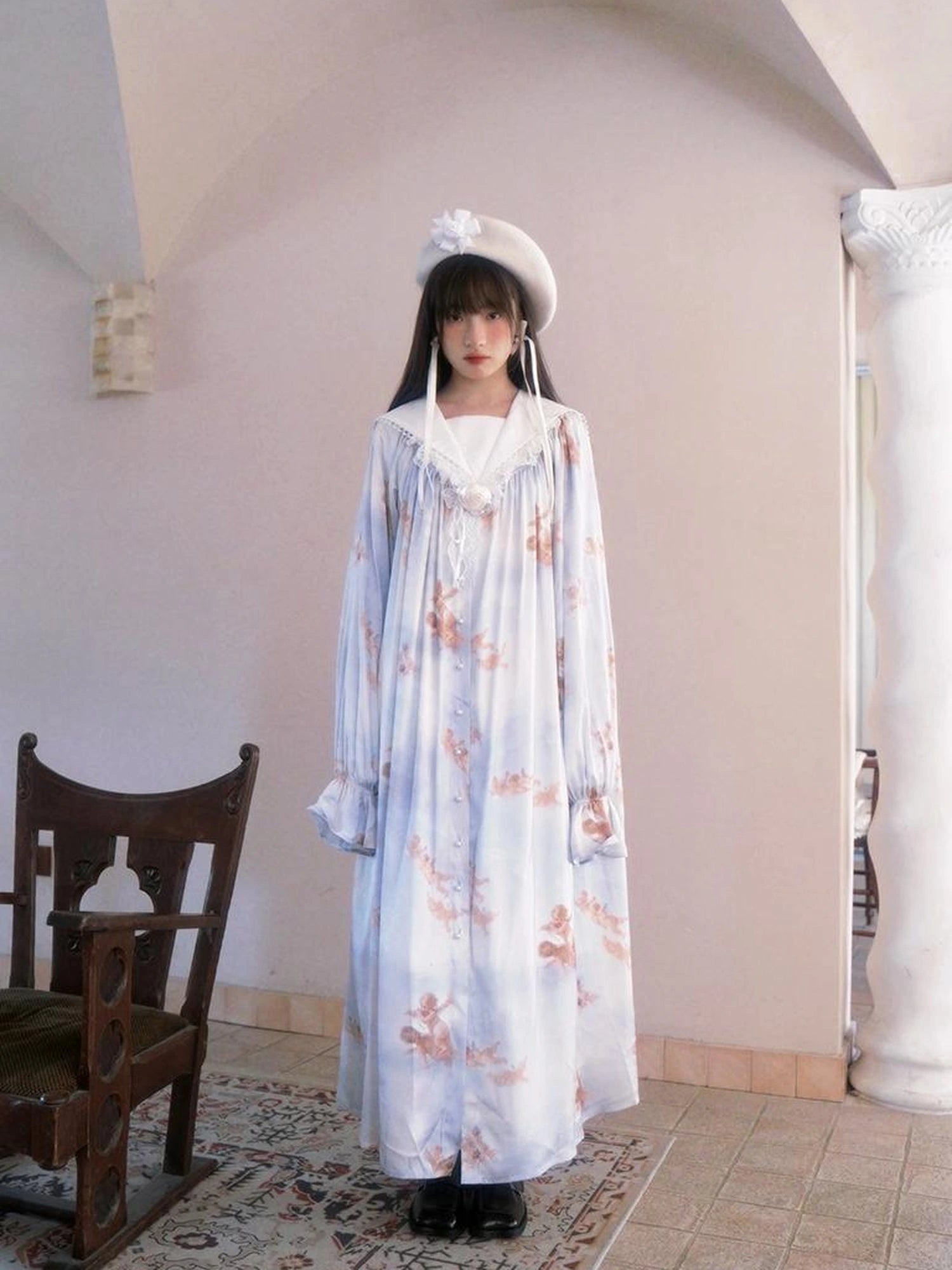 Cotton Sailor Bow Ruffle Hem Long Sleeve Dress