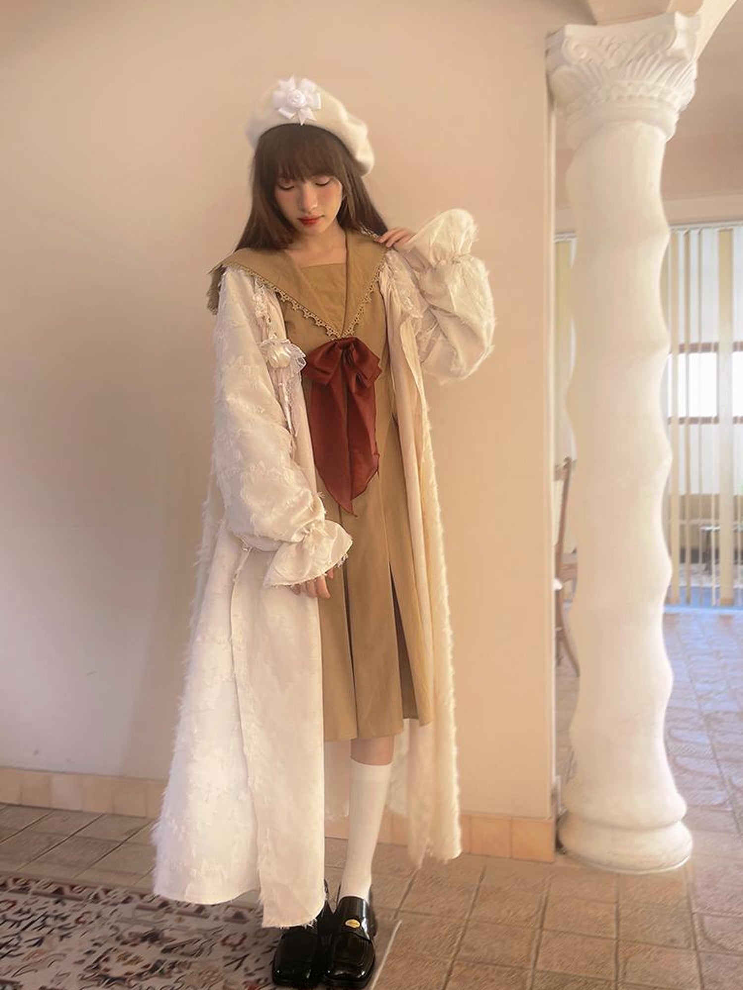 Daytoday Cotton Sailor Bow Ruffle Hem Long Sleeve Dress