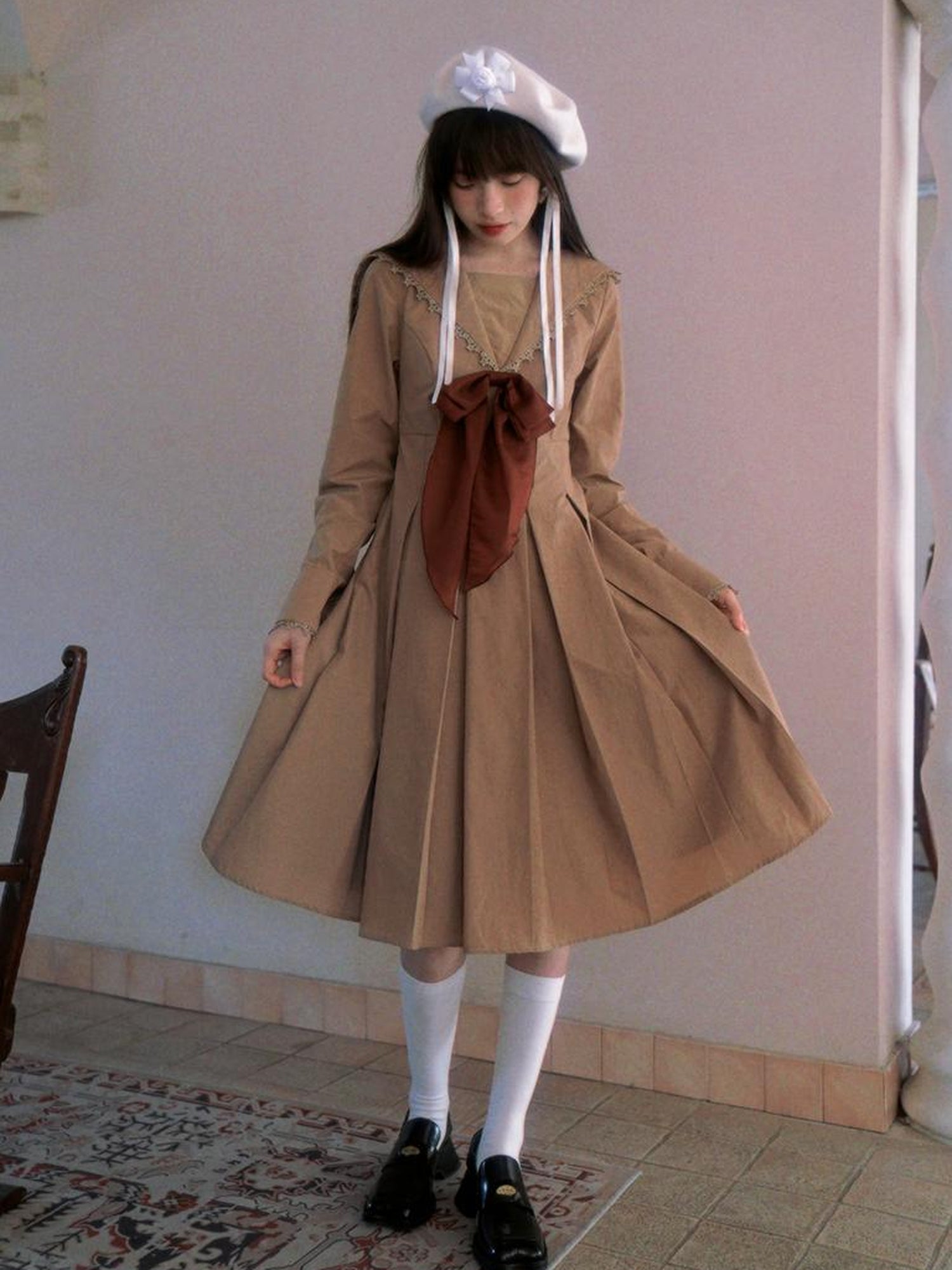 Daytoday Cotton Sailor Bow Ruffle Hem Long Sleeve Dress