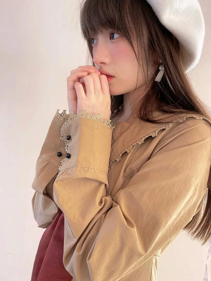 Cotton Sailor Bow Ruffle Hem Long Sleeve Dress