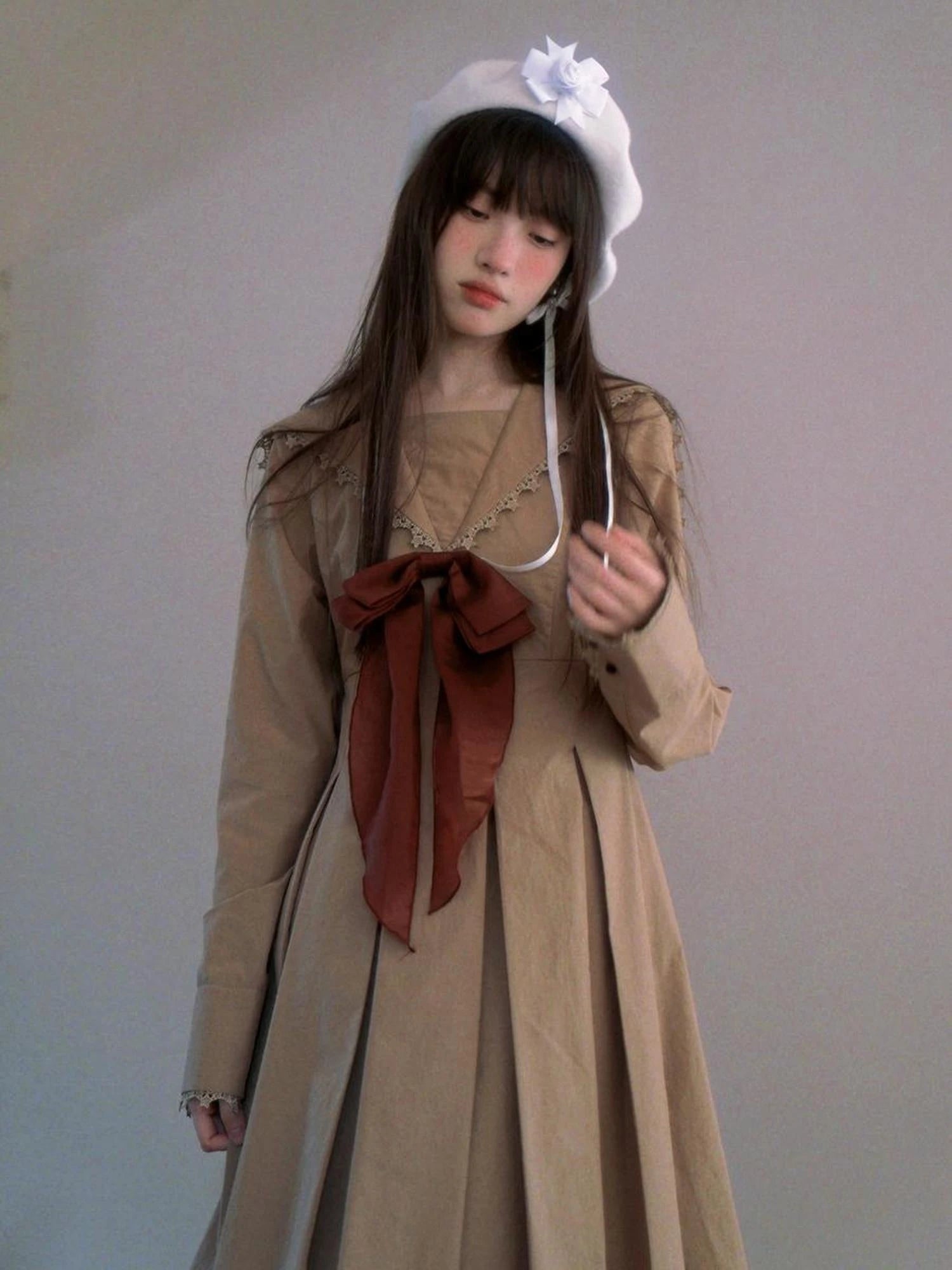 Cotton Sailor Bow Ruffle Hem Long Sleeve Dress