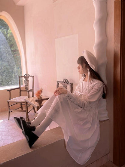 Cotton Sailor Bow Ruffle Hem Long Sleeve Dress