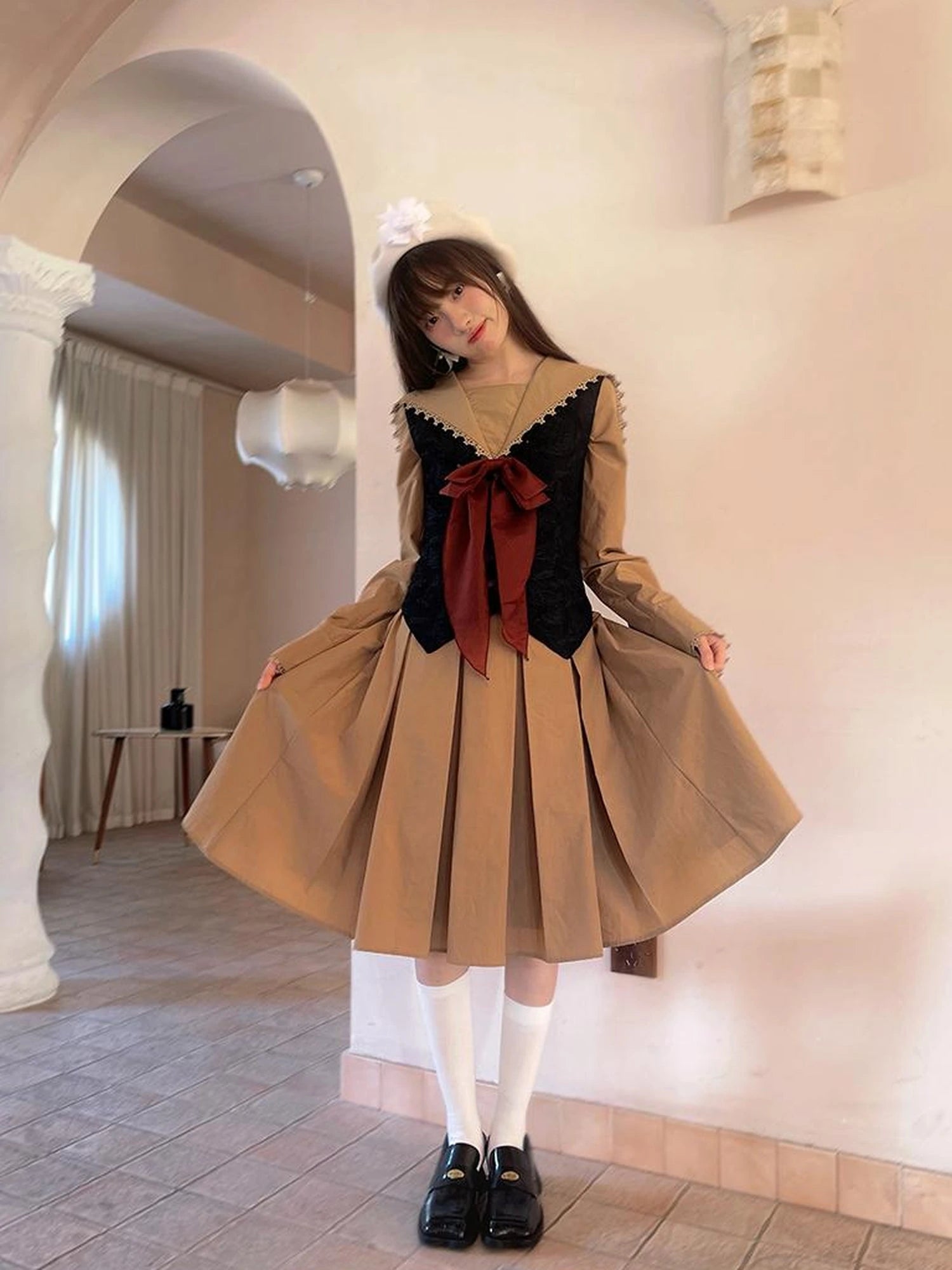 Cotton Sailor Bow Ruffle Hem Long Sleeve Dress