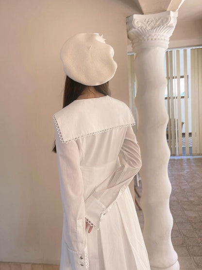 Daytoday Cotton Sailor Bow Ruffle Hem Long Sleeve Dress
