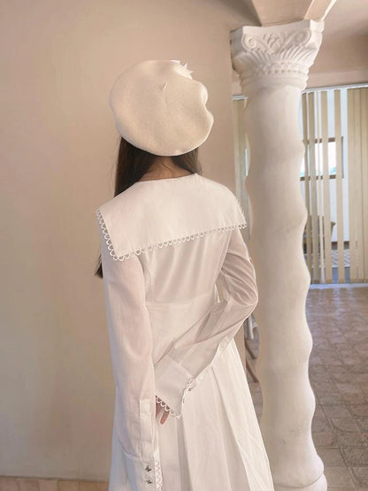 Cotton Sailor Bow Ruffle Hem Long Sleeve Dress