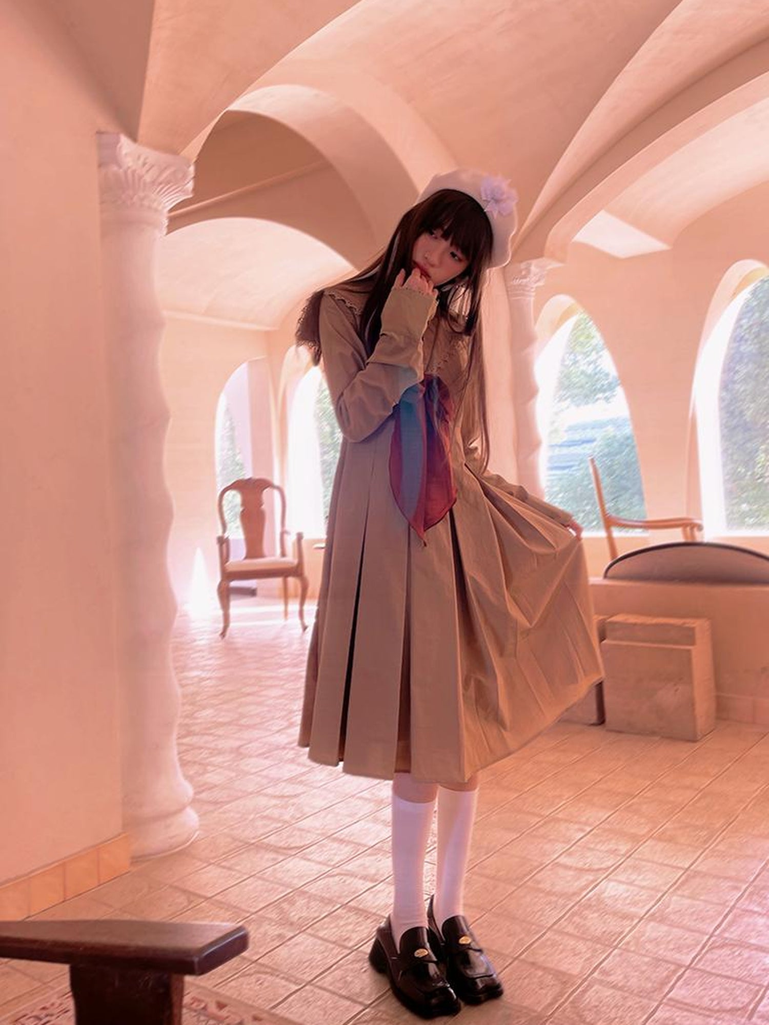 Daytoday Cotton Sailor Bow Ruffle Hem Long Sleeve Dress