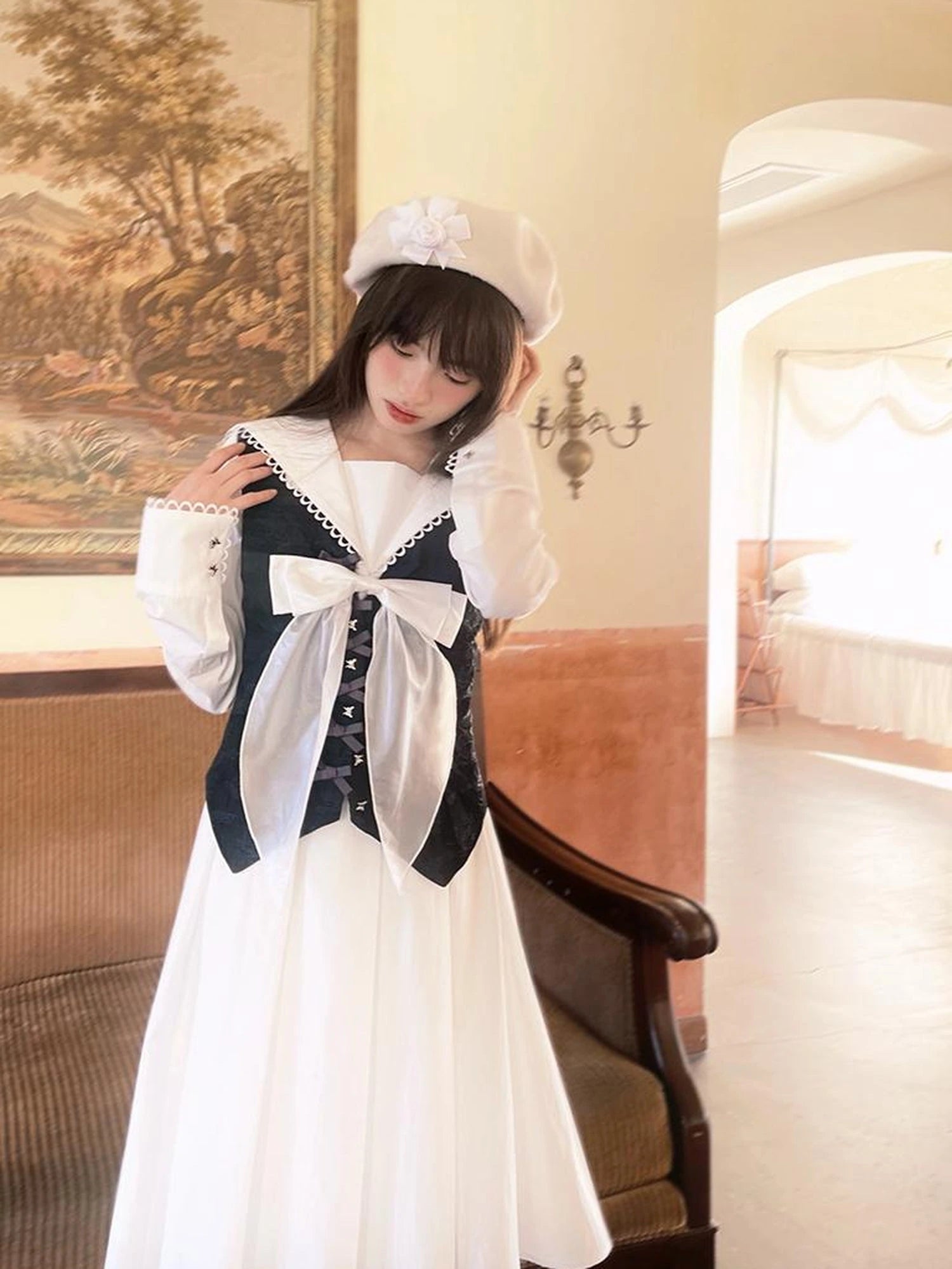 Cotton Sailor Bow Ruffle Hem Long Sleeve Dress
