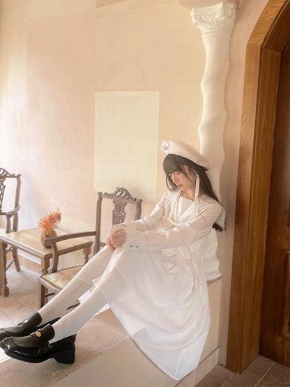 Daytoday Cotton Sailor Bow Ruffle Hem Long Sleeve Dress