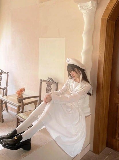 Cotton Sailor Bow Ruffle Hem Long Sleeve Dress