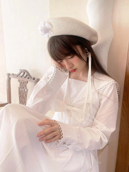 Cotton Sailor Bow Ruffle Hem Long Sleeve Dress