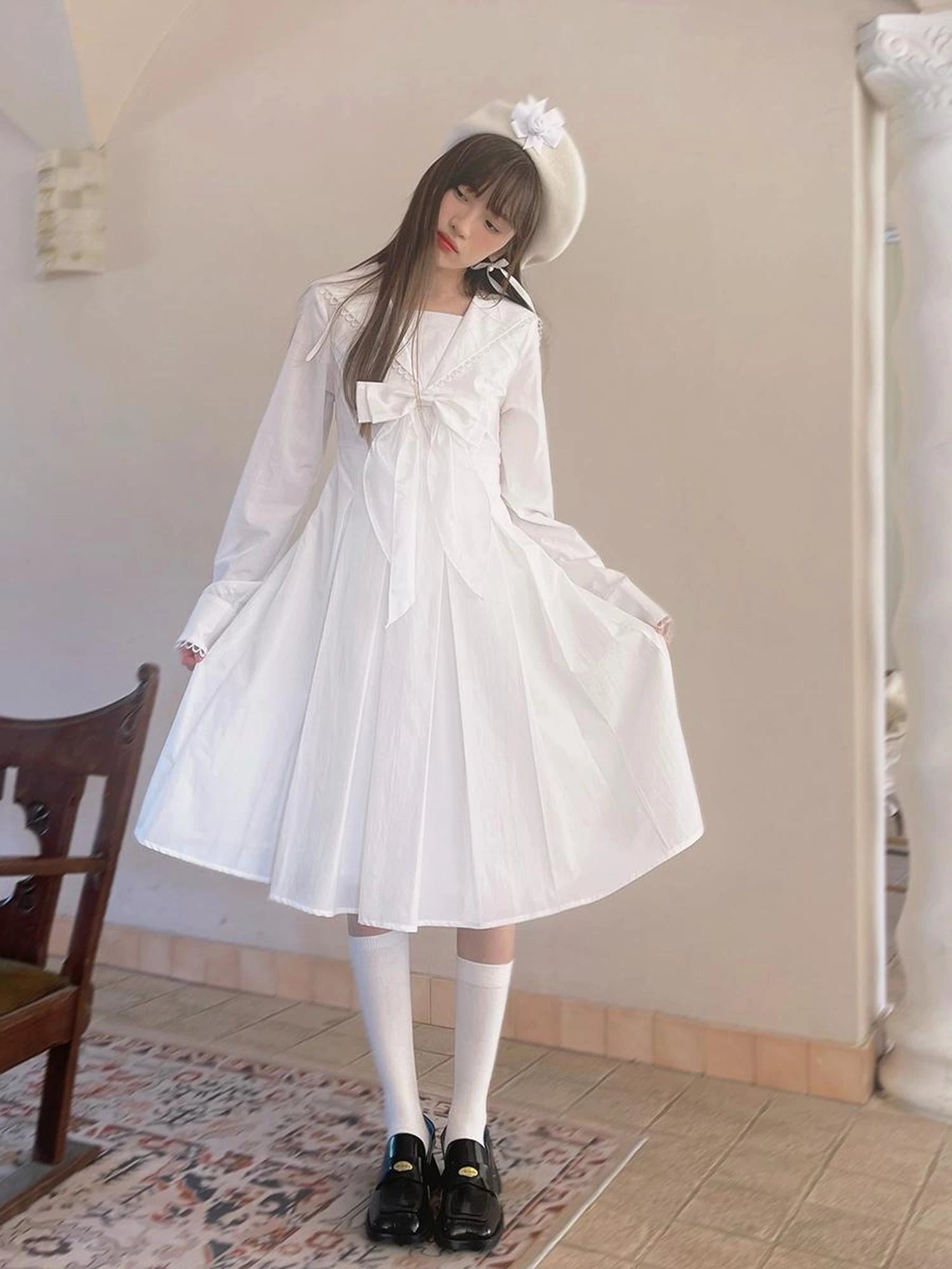 Cotton Sailor Bow Ruffle Hem Long Sleeve Dress