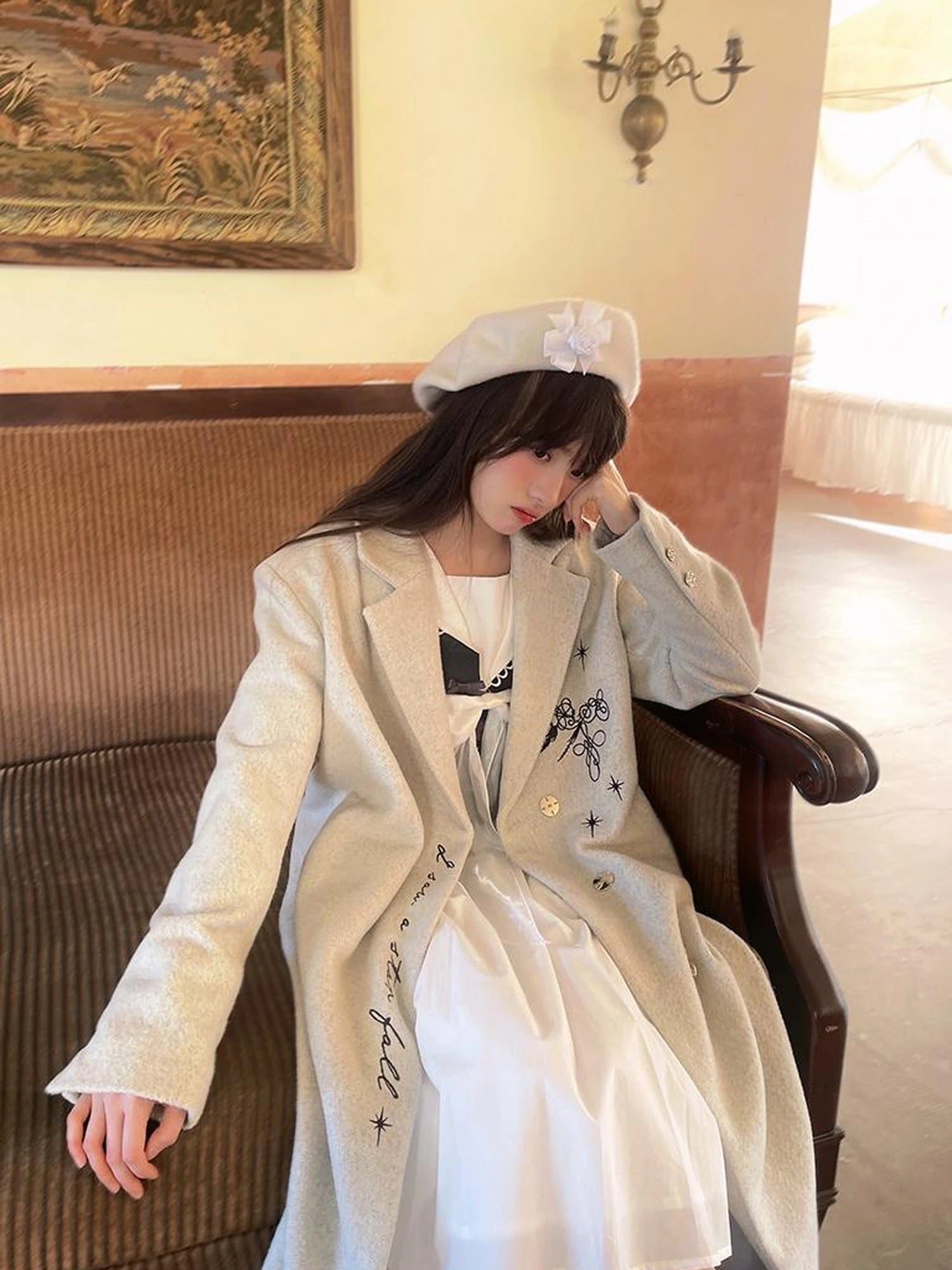 Cotton Sailor Bow Ruffle Hem Long Sleeve Dress