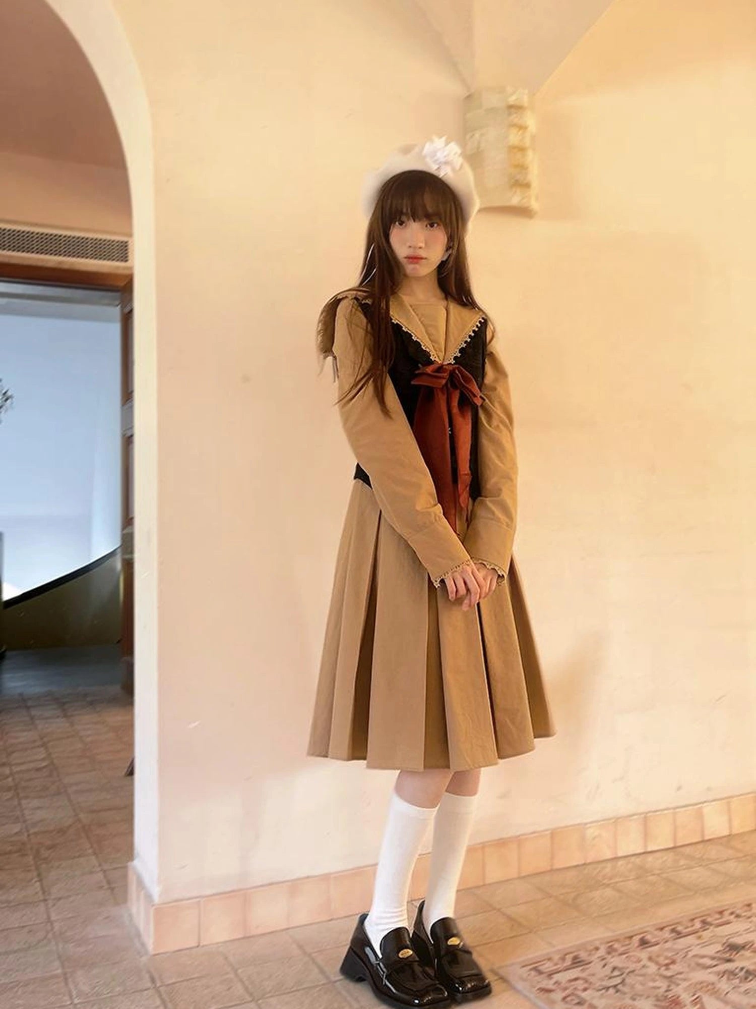 Cotton Sailor Bow Ruffle Hem Long Sleeve Dress