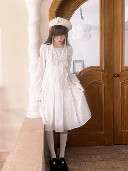Cotton Sailor Bow Ruffle Hem Long Sleeve Dress