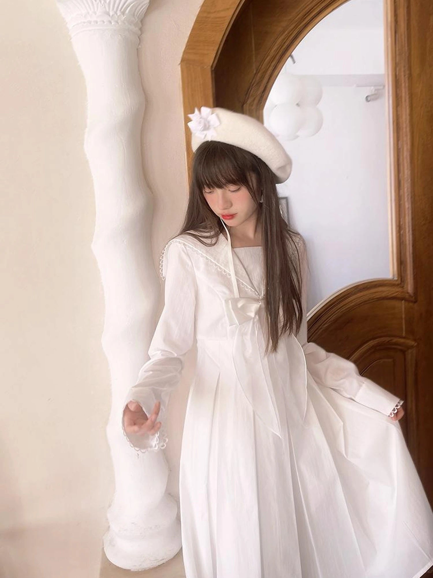 Cotton Sailor Bow Ruffle Hem Long Sleeve Dress