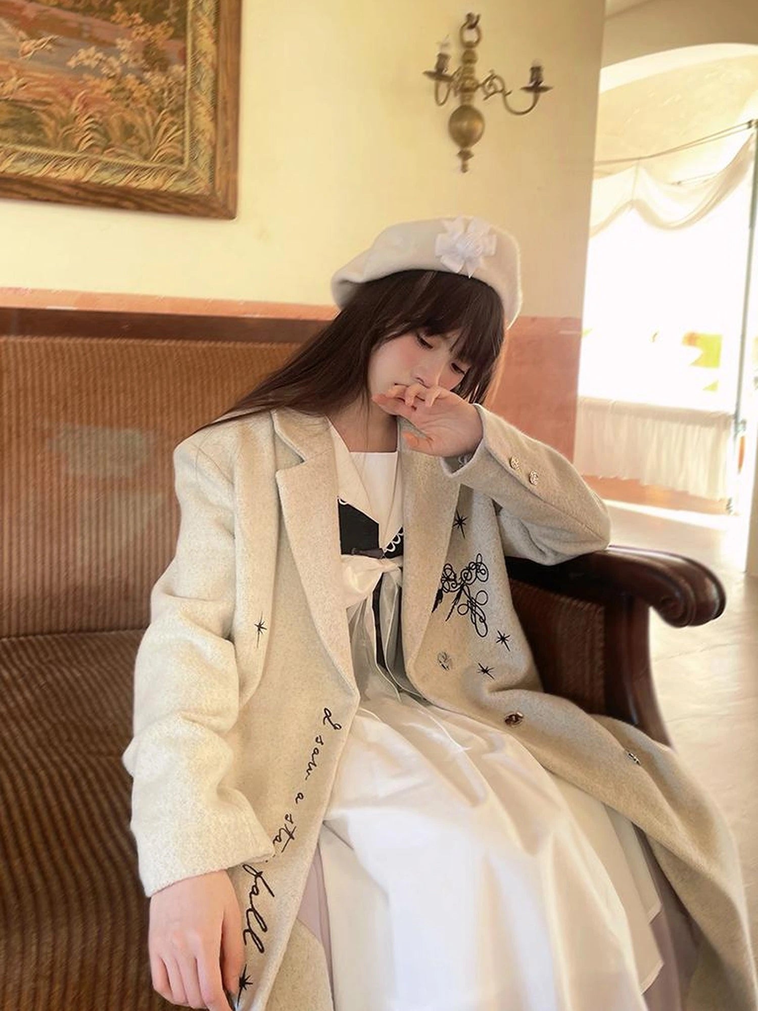 Cotton Sailor Bow Ruffle Hem Long Sleeve Dress