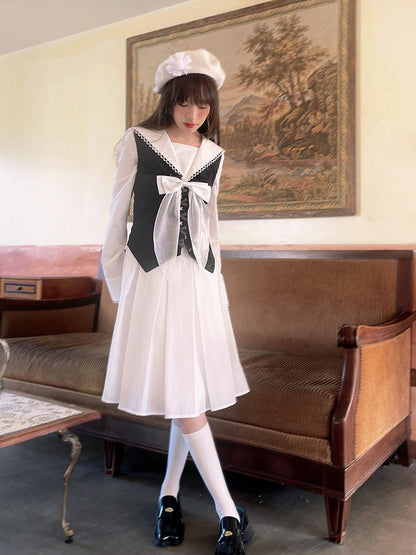 Daytoday Cotton Sailor Bow Ruffle Hem Long Sleeve Dress