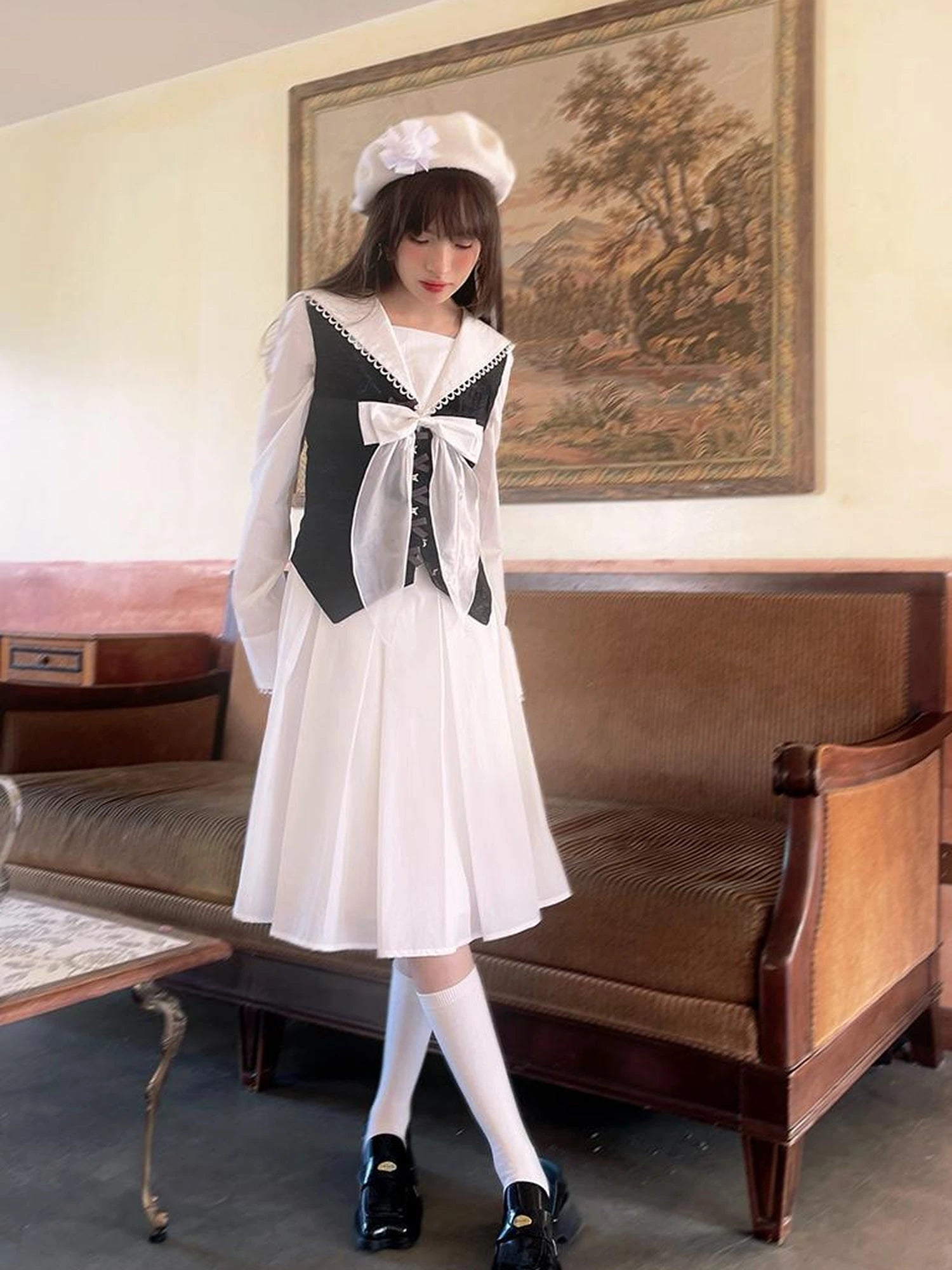 Cotton Sailor Bow Ruffle Hem Long Sleeve Dress