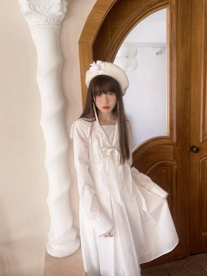 Cotton Sailor Bow Ruffle Hem Long Sleeve Dress