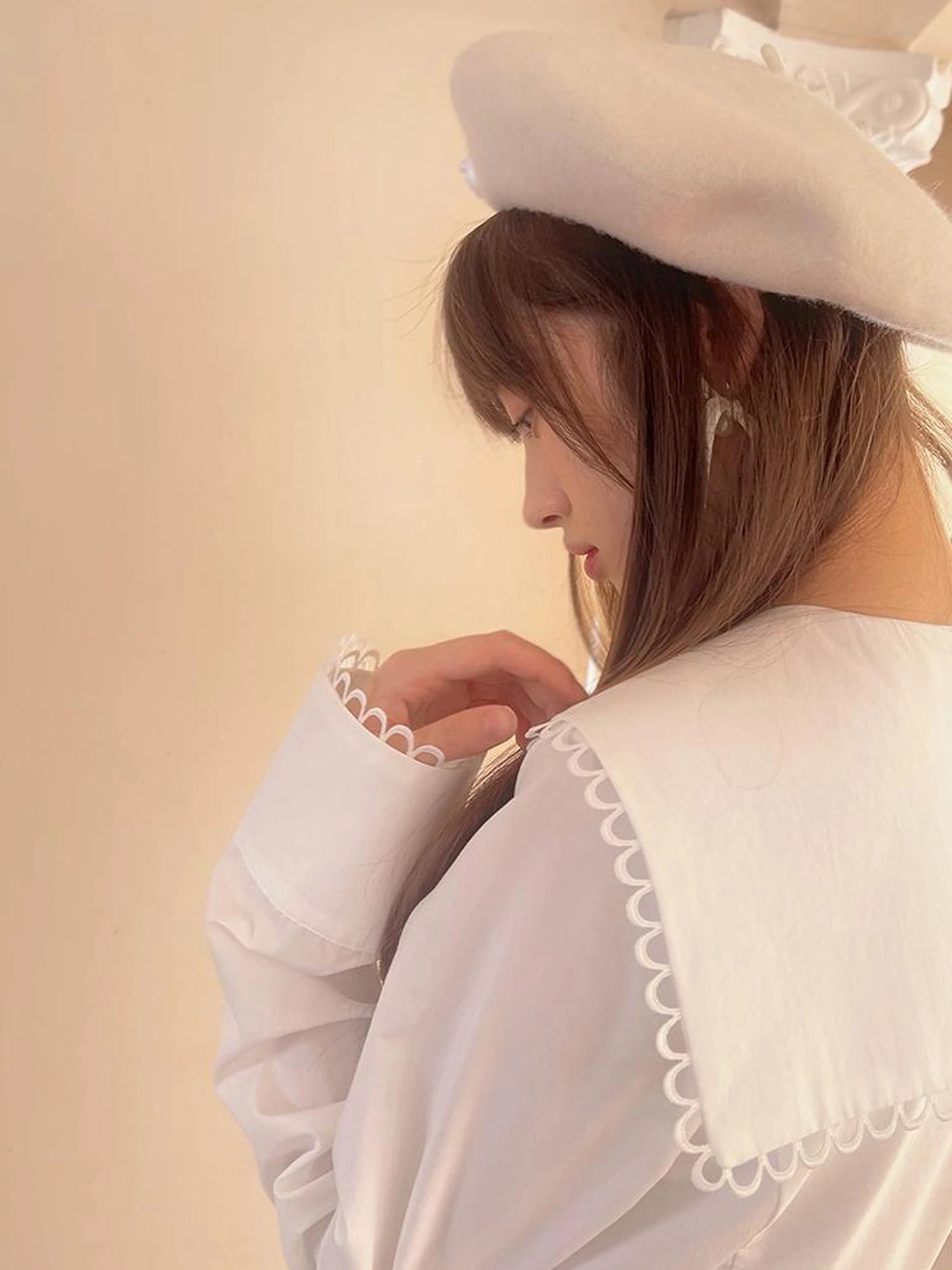 Cotton Sailor Bow Ruffle Hem Long Sleeve Dress