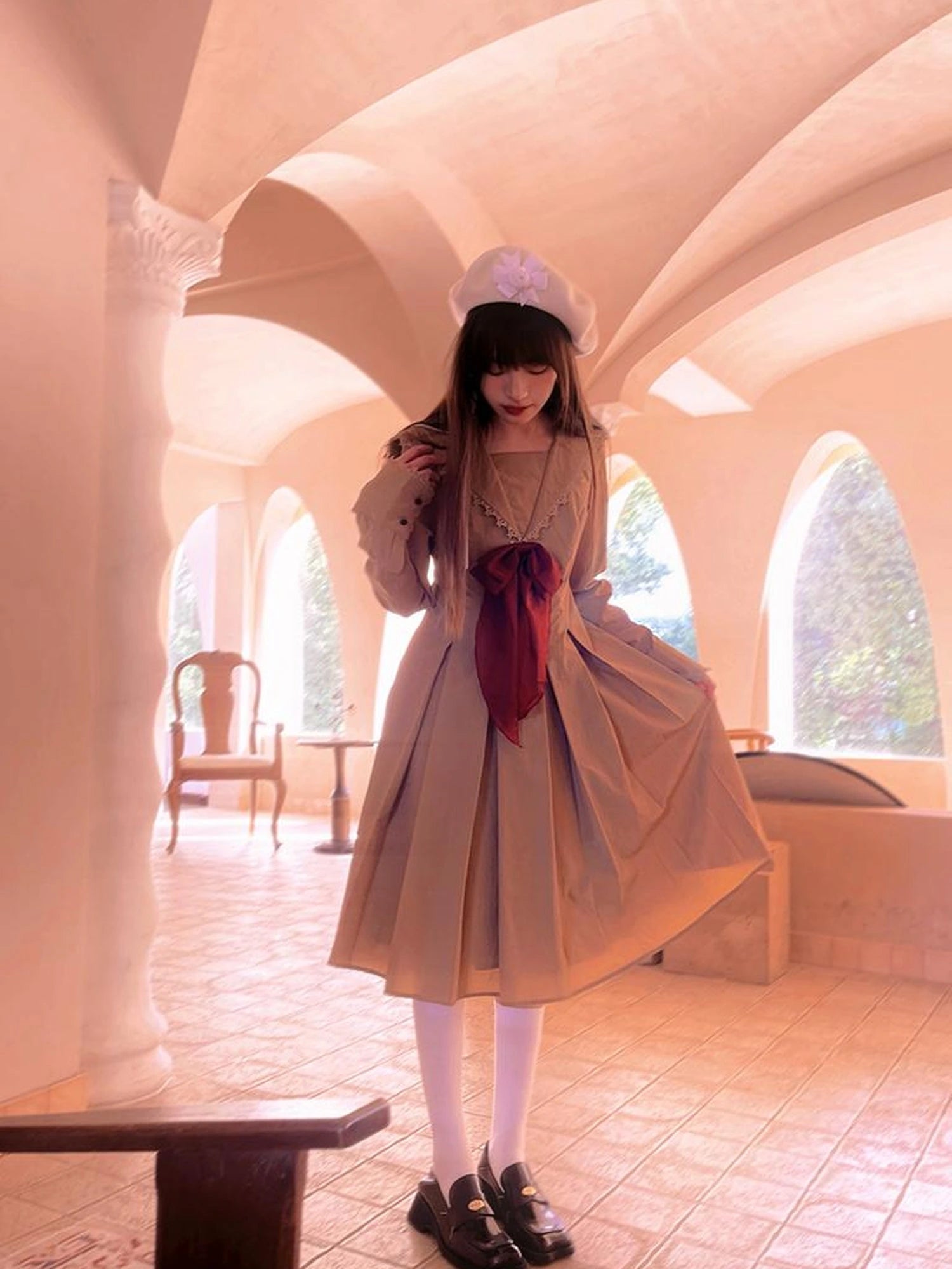 Cotton Sailor Bow Ruffle Hem Long Sleeve Dress