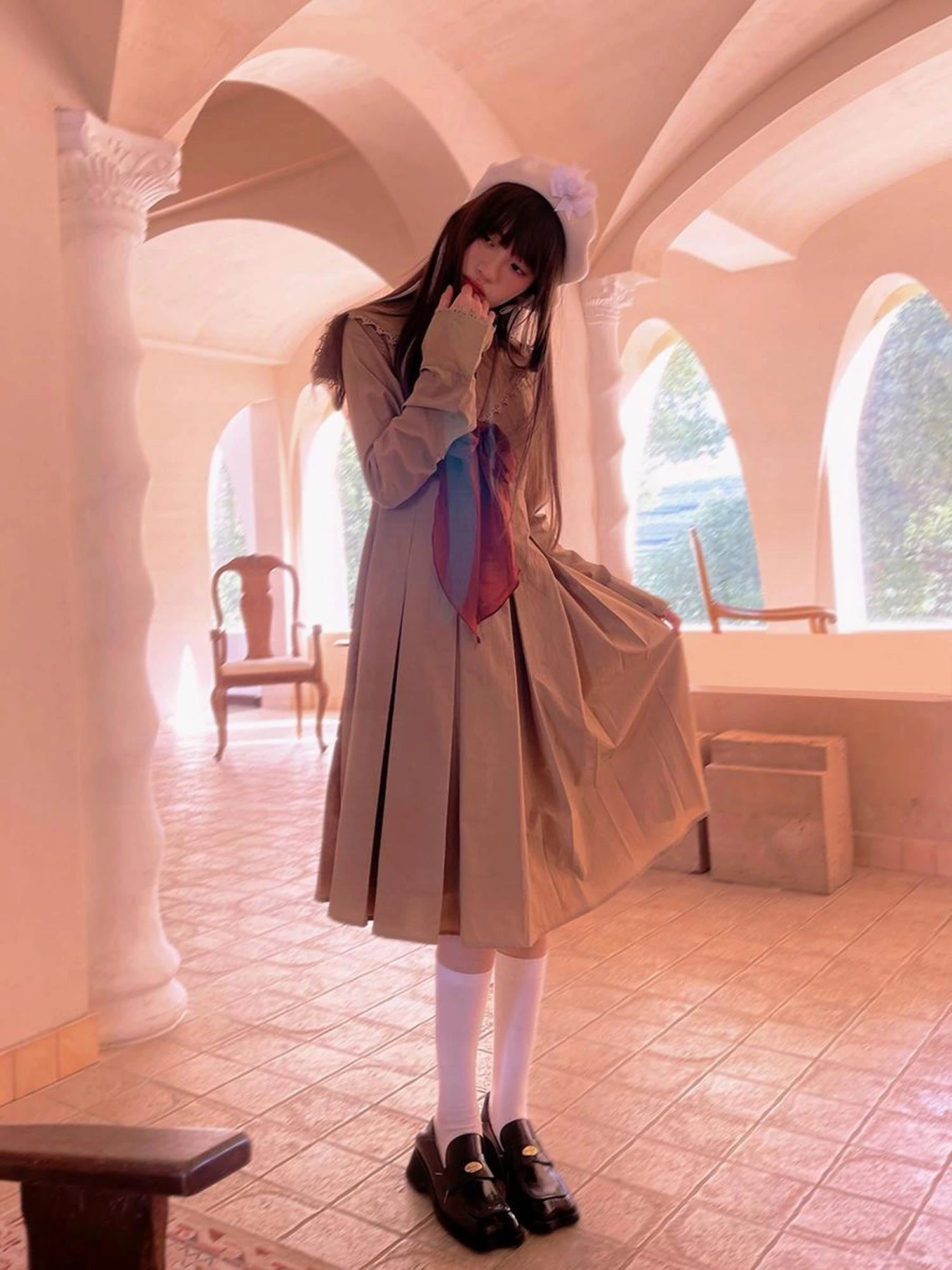 Cotton Sailor Bow Ruffle Hem Long Sleeve Dress