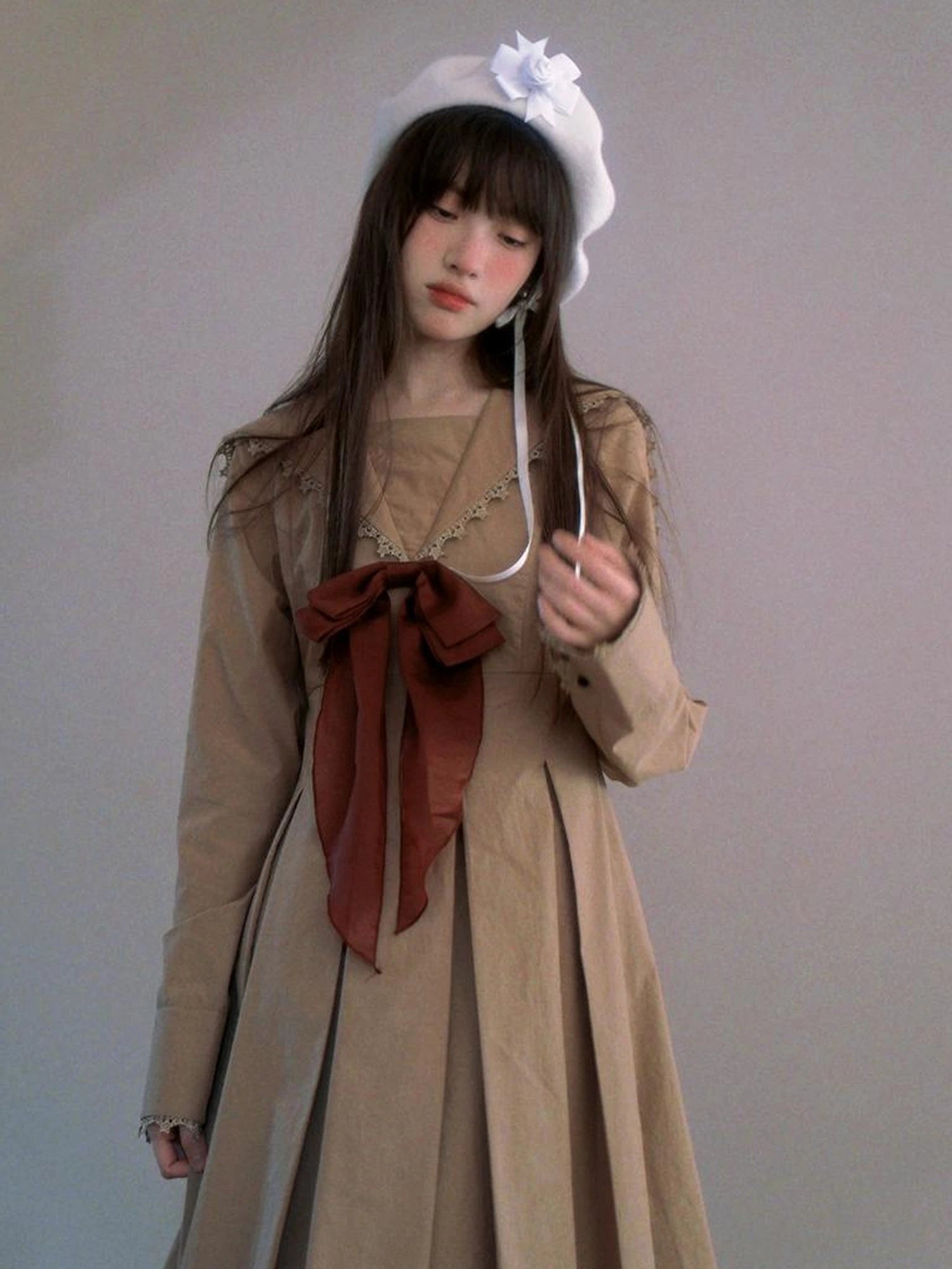 Cotton Sailor Bow Ruffle Hem Long Sleeve Dress