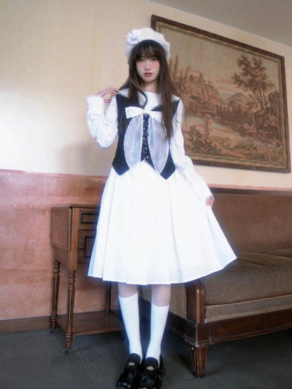 Cotton Sailor Bow Ruffle Hem Long Sleeve Dress