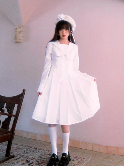 Cotton Sailor Bow Ruffle Hem Long Sleeve Dress