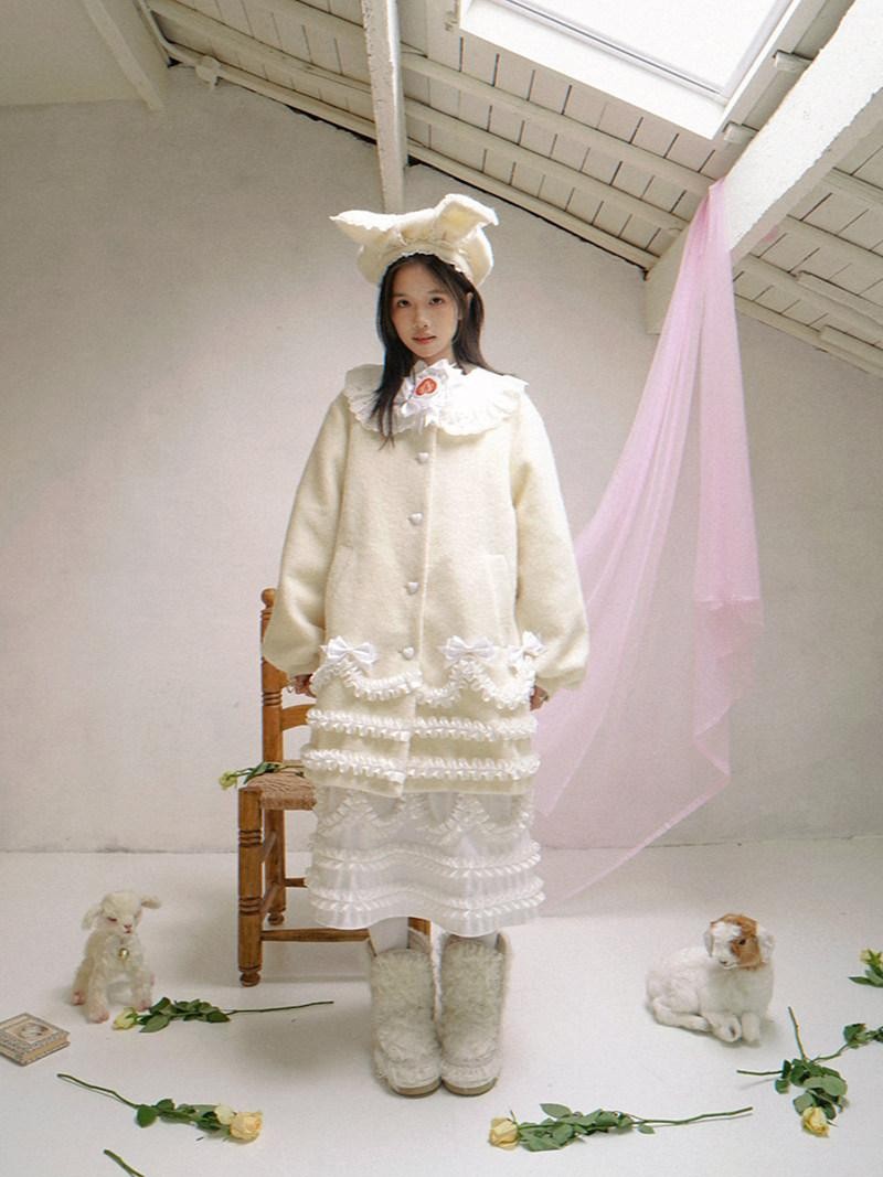 Daytoday Cream Lace Trim Puff Sleeve Round Neck Loose Fit Women&