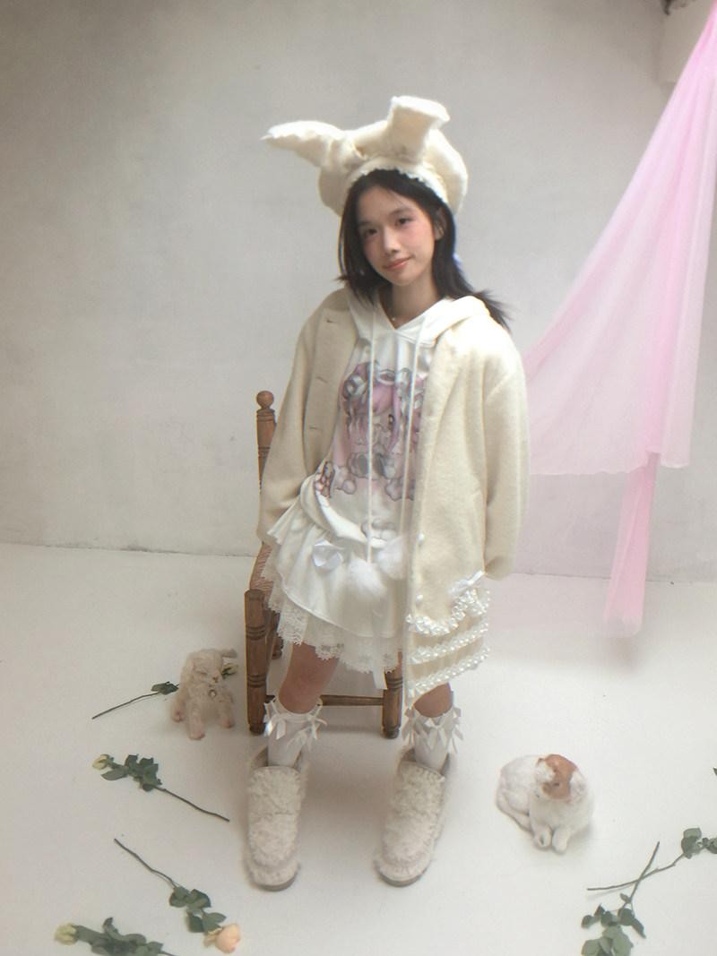 Daytoday Cream Lace Trim Puff Sleeve Round Neck Loose Fit Women&