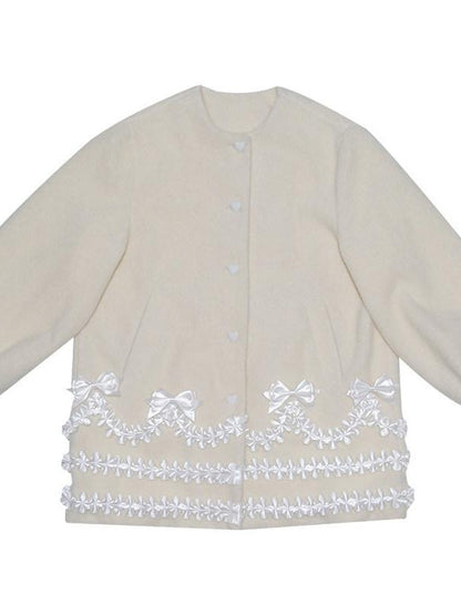 Daytoday Cream Lace Trim Puff Sleeve Round Neck Loose Fit Women&