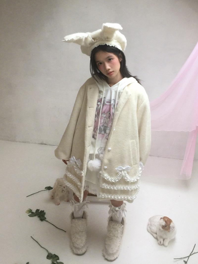 Daytoday Cream Lace Trim Puff Sleeve Round Neck Loose Fit Women&