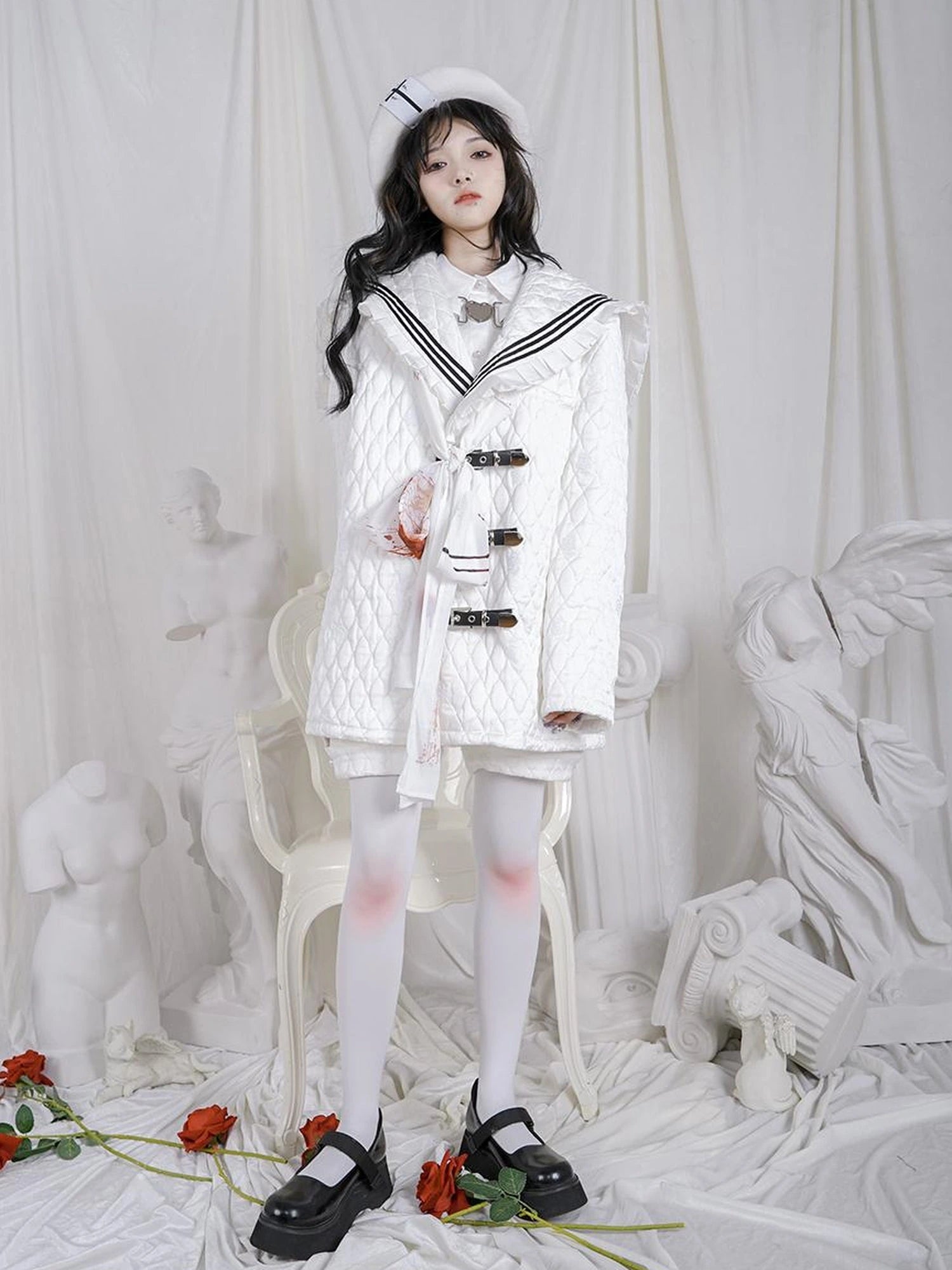 Cross Rose Jacquard Black White Beret