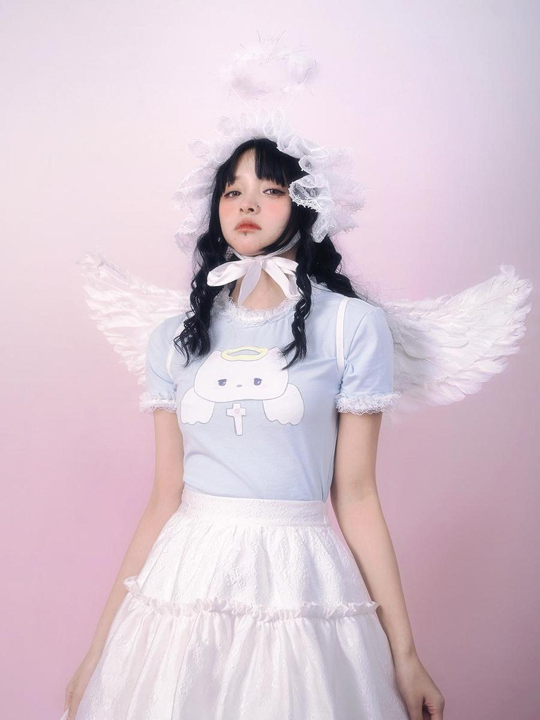 Daytoday Cute Angel Kitten Lace Trim Birthday T Shirt