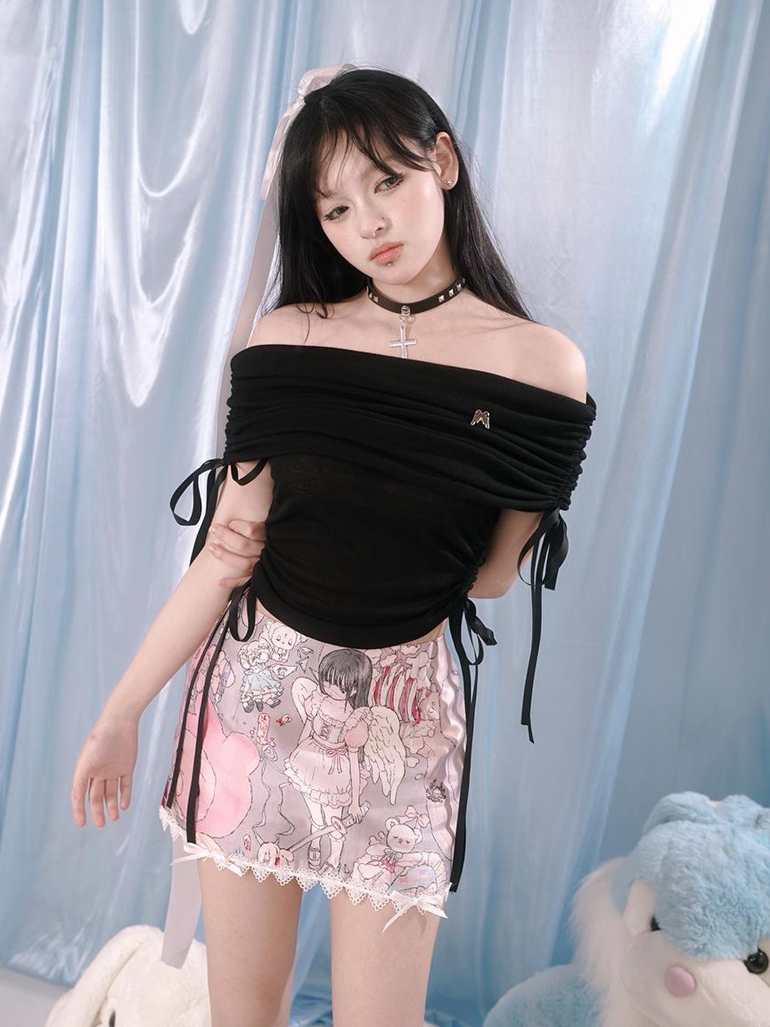 Daytoday Cute Bear Print Bow Short Skirt