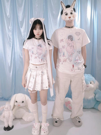 Cute Bear Print Pleated Mini Skirt