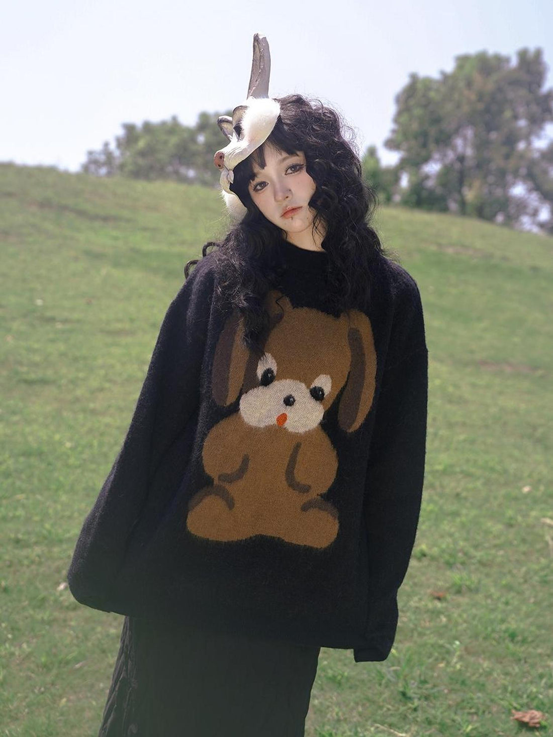 Daytoday Cute Cartoon Dog Print Knitted Sweater V Neck T Shirt Long Sleeve