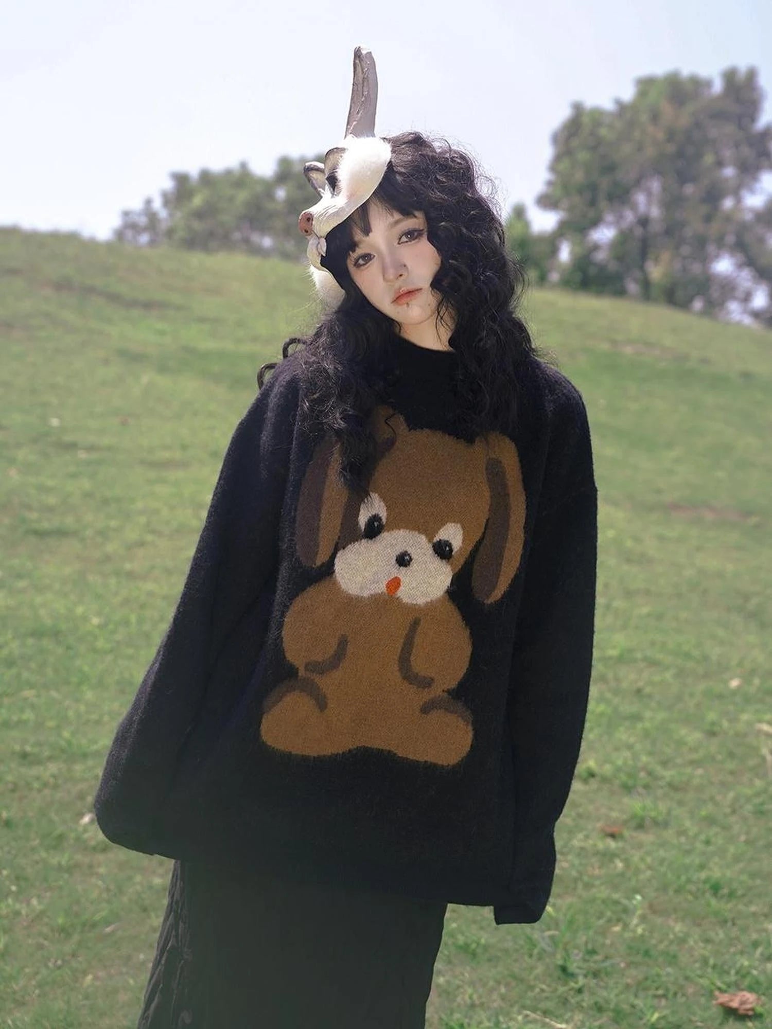 Cute Cartoon Dog Print Knitted Sweater V Neck T Shirt Long Sleeve