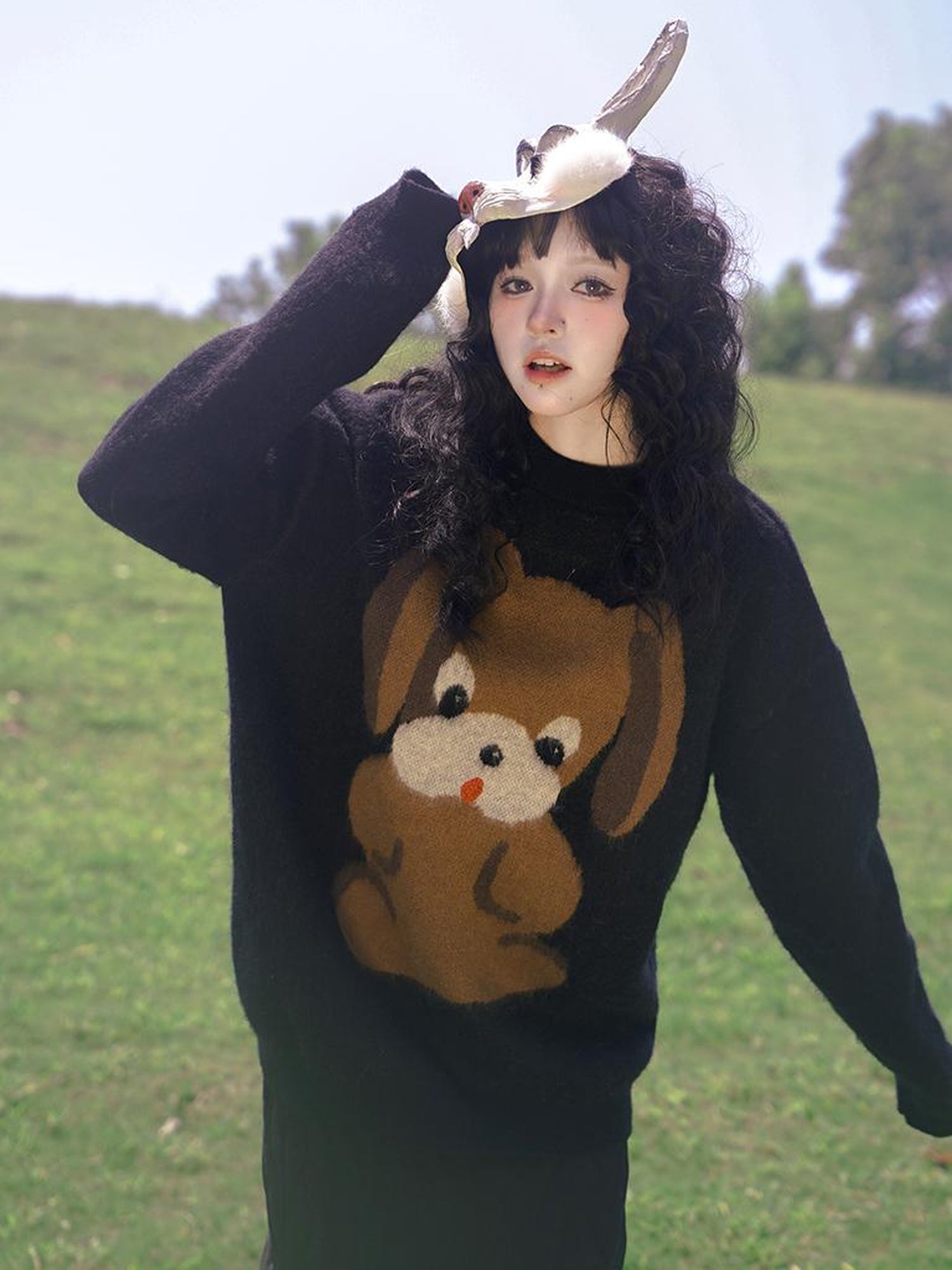 Daytoday Cute Cartoon Dog Print Knitted Sweater V Neck T Shirt Long Sleeve