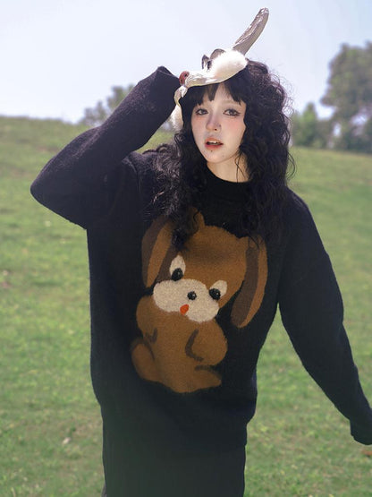 Daytoday Cute Cartoon Dog Print Knitted Sweater V Neck T Shirt Long Sleeve