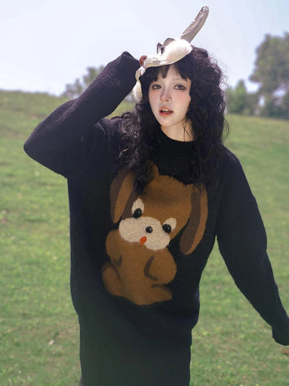 Cute Cartoon Dog Print Knitted Sweater V Neck T Shirt Long Sleeve